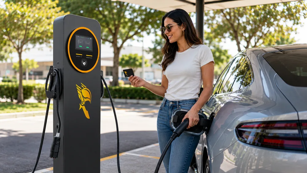 Condutora a carregar o carro com o cartão Wattron